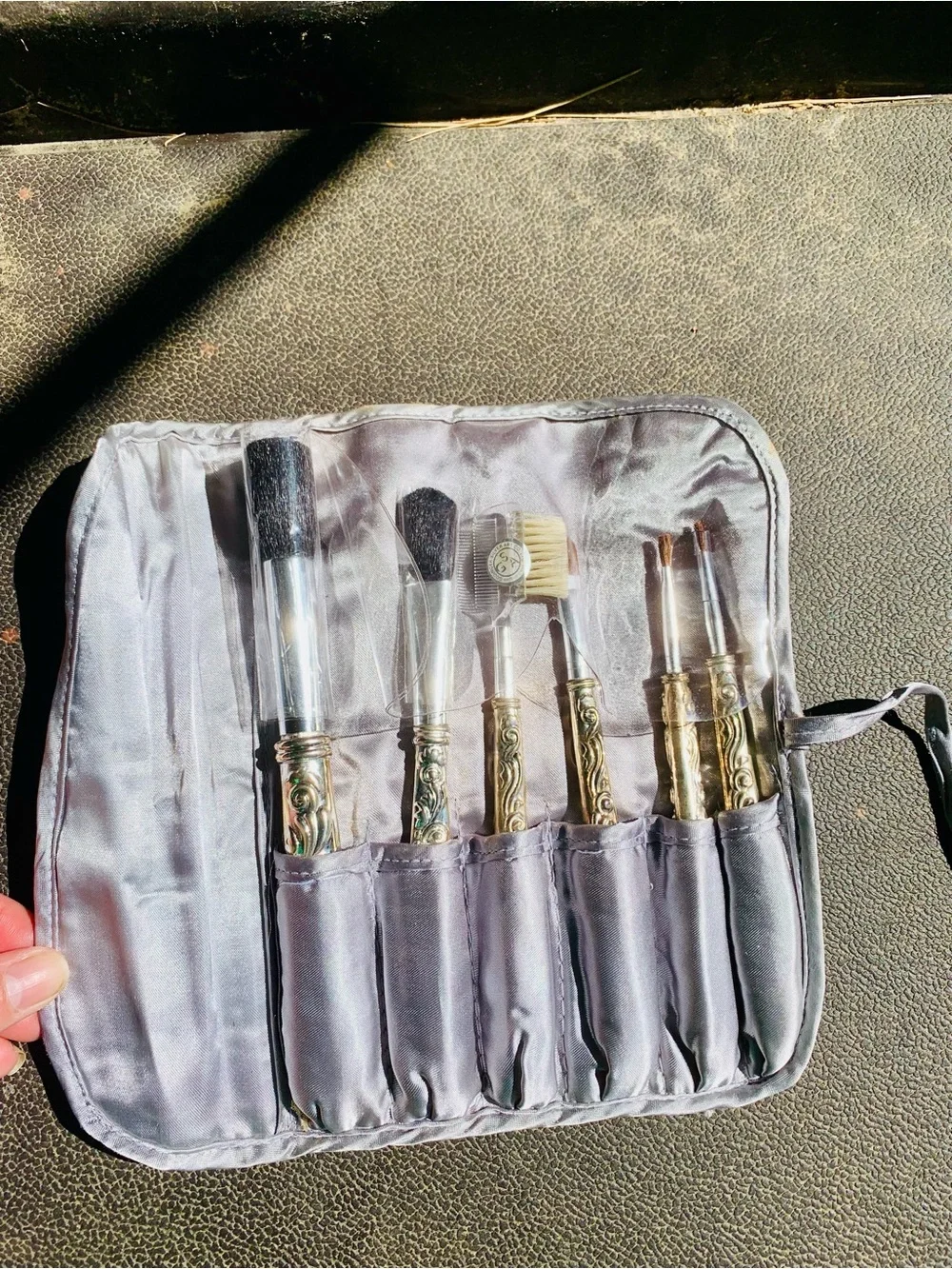 Ornate silver-Handled Makeup Brush Set in Light Gray Pouch